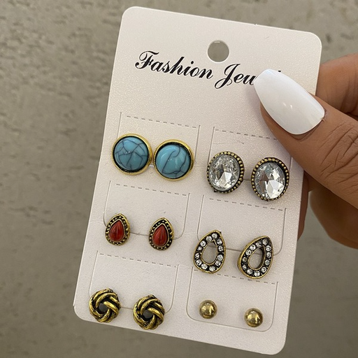 Wholesale Turquoise Inlaid Rhinestone Pearl Metal Earrings 6 Pairs JDC-ES-F607 Earrings JoyasDeChina Wholesale Jewelry JoyasDeChina Joyas De China