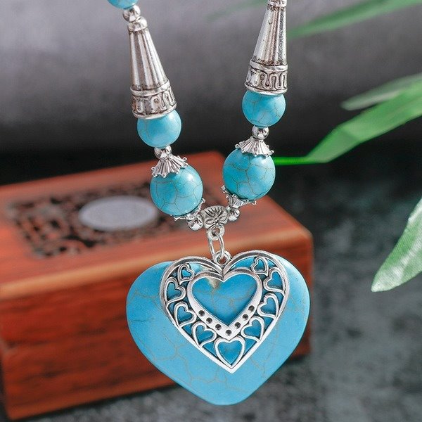 Wholesale Turquoise Love Heart Necklace JDC-NE-Weny006 NECKLACE 纹颖 Wholesale Jewelry JoyasDeChina Joyas De China