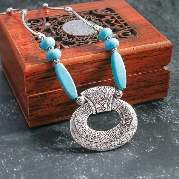 Wholesale Turquoise Silver Oval Necklace JDC-NE-Weny008 NECKLACE 纹颖 Wholesale Jewelry JoyasDeChina Joyas De China