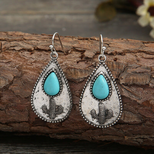 Wholesale water drop cactus carved turquoise earrings JDC-ES-saip038 Earrings 赛蒲 1 Wholesale Jewelry JoyasDeChina Joyas De China