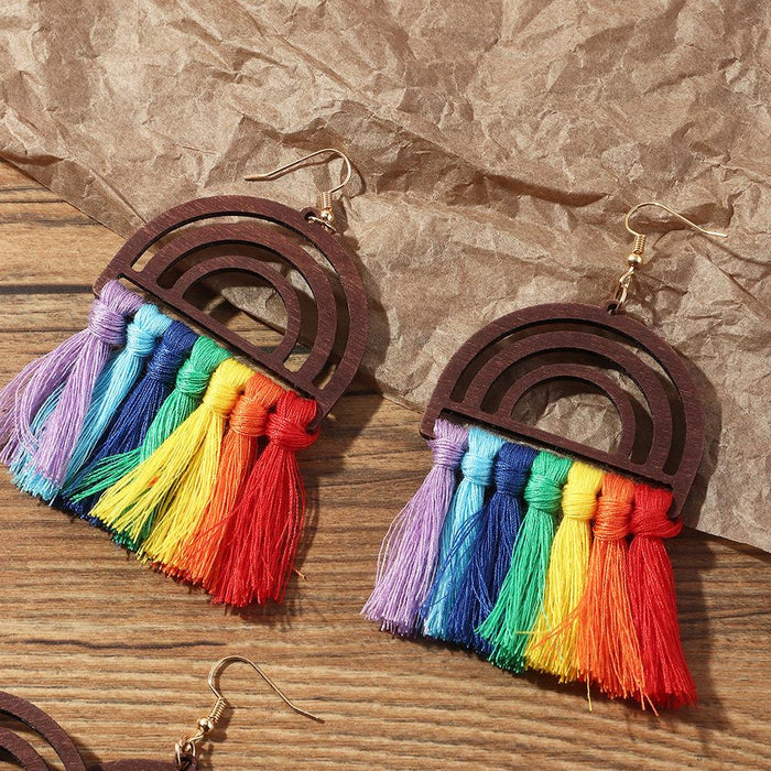 Wholesale wooden rainbow tassel cotton thread earrings JDC-ES-E263 Earrings JoyasDeChina EZ3819caise Wholesale Jewelry JoyasDeChina Joyas De China