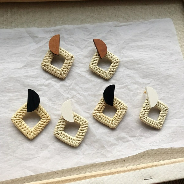 Wholesale wooden splicing bamboo, rattan and grass woven Earrings JDC-ES-ZF001 Earrings JoyasDeChina Wholesale Jewelry JoyasDeChina Joyas De China