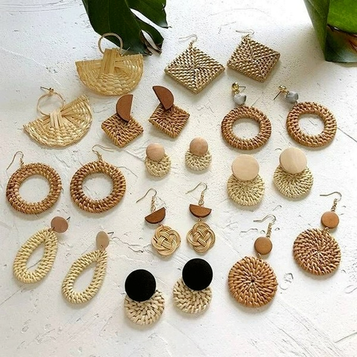 Wholesale wooden splicing bamboo, rattan and grass woven Earrings JDC-ES-ZF001 Earrings JoyasDeChina Wholesale Jewelry JoyasDeChina Joyas De China
