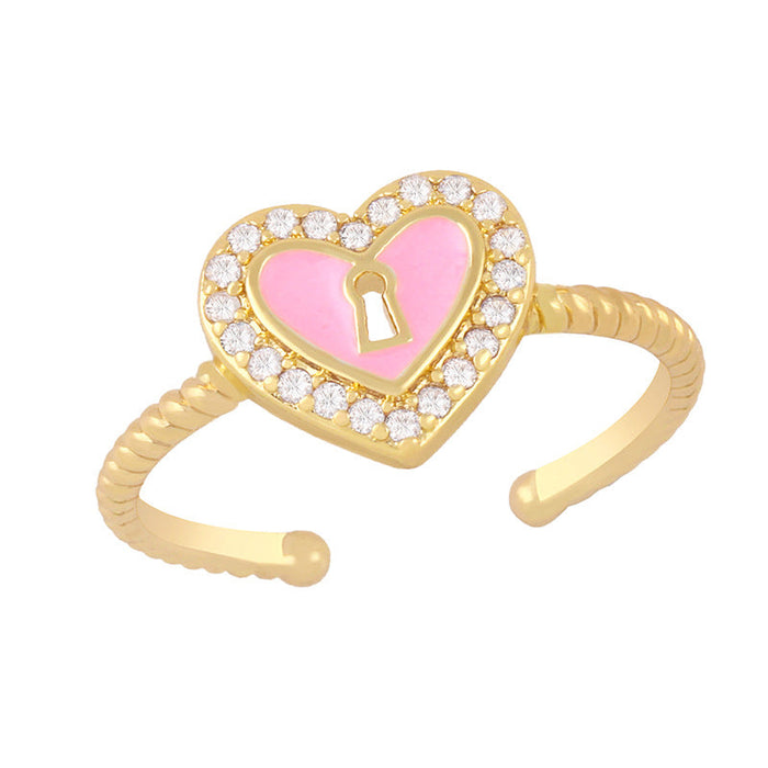 Wholesale zircon love heart lock shape copper plating rings JDC-RS-AS289 Rings JoyasDeChina pink adjustable Wholesale Jewelry JoyasDeChina Joyas De China