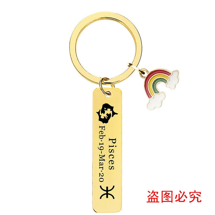 Wholesale Zodiac Sign Gold Stainless Steel Lettering Rainbow Metal Keychain JDC-KC-GangGu022 Keychains 钢古 Wholesale Jewelry JoyasDeChina Joyas De China